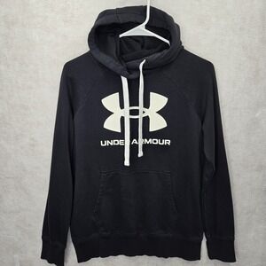 Under Armour Hoodie Mens Size XS Black Loose Fit Pocket Casual Off White Graphic